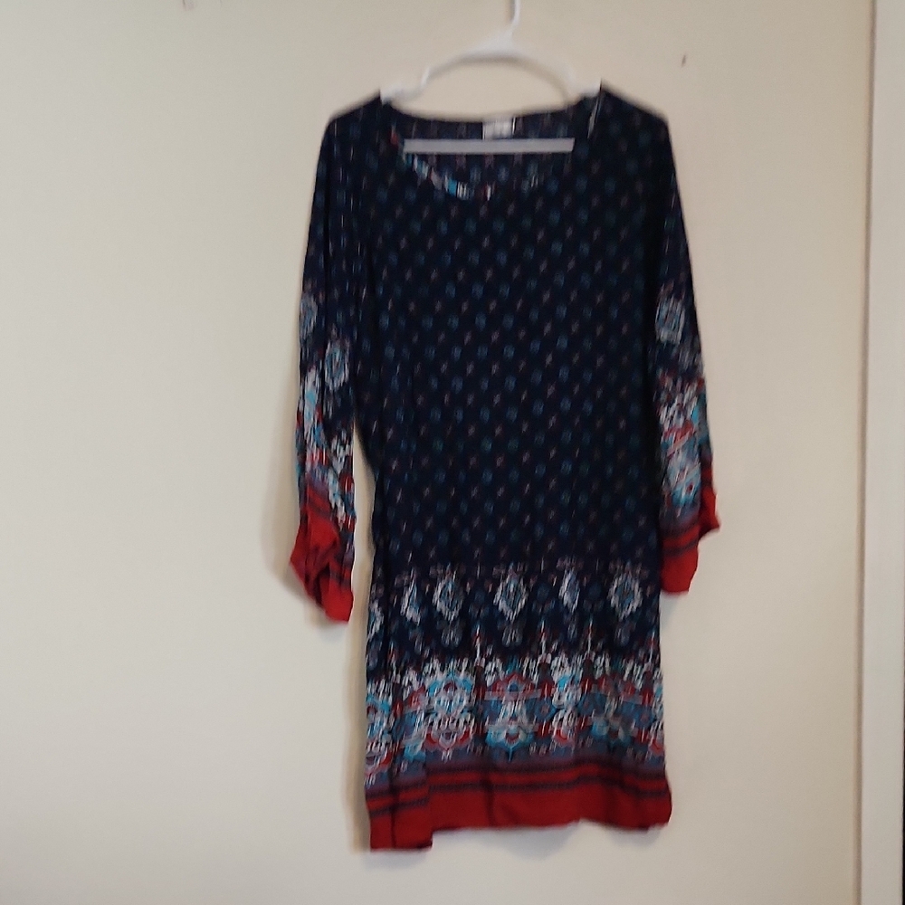 Elegant Women's Patterned Midi Dress with Red and Blue Accents